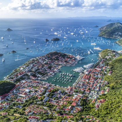Aerial view of Gustavia harbor, St. Barthélemy, New Years Eve 2021