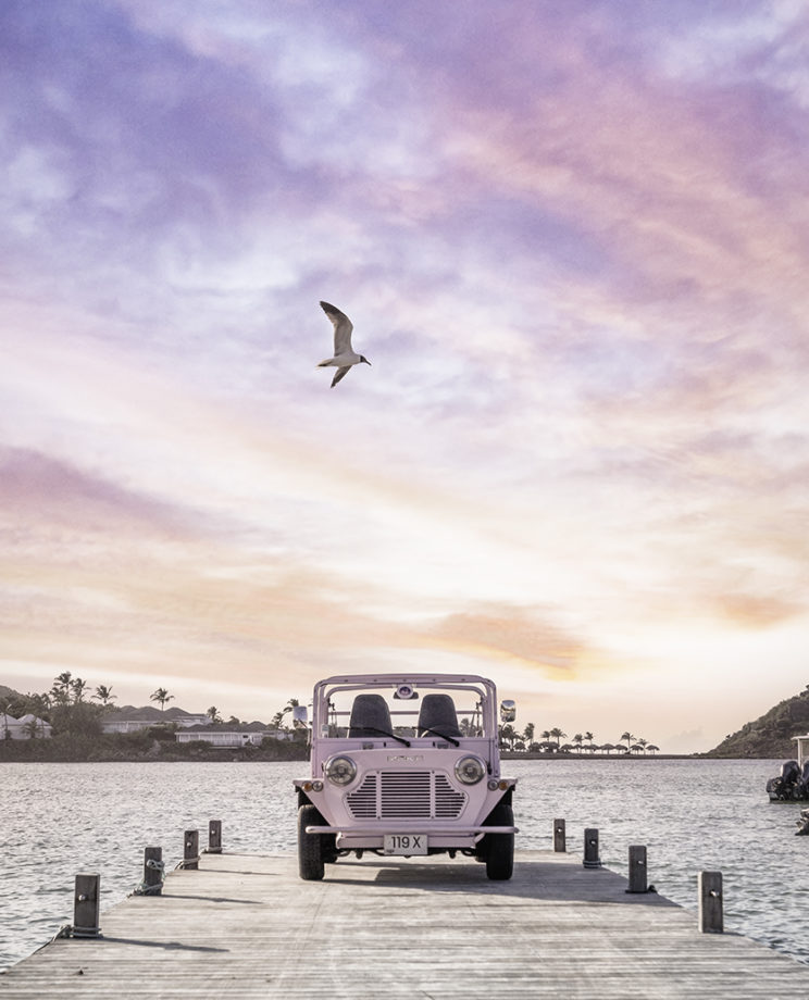 Mini Moke on Grand-Cul-de-Sac pontoon – fine-art photograph by Sébastien Martinon